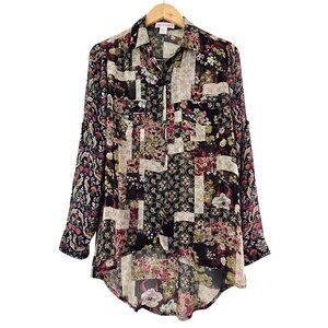 Band of Gypsies Womens Sz XS Sheer Floral Roll Tab Sleeve Blouse Casual Boho Top